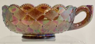 Vintage Signed Imperial Glass Iridescent Carnival Nappy Pansy Handled Bowl Dish 3