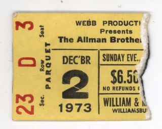 Rare Allman Brothers 12/2/73 Williamsburg Va William & Mary College Ticket Stub