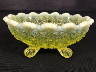 Opalescent Vaseline Glass Bowl Daisy Button Footed Dish Small 2 5/8 Tall Yellow