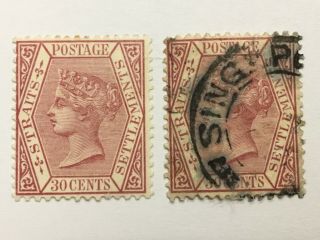 Old Stamps Straits Settlements X 2 Qv 30 Cents And