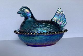 Vintage Carnival Indiana Glass Iridescent Blue Chicken Hen On Nest Candy Dish