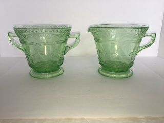 Green Depression Federal Glass Patrician Footed Creamer And Footer Open Sugar