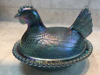 Vtg Indiana Glass 7 " Hen On Nest Iridescent Blue Covered Trinket Dish