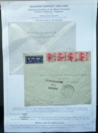 Malaya 22 Dec 1939 Airmail Censored Cover From Penang Via Singapore To Holland