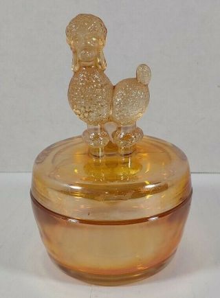 Vintage Jeanette Marigold Carnival Glass Poodle Powder Trinket Candy Dish