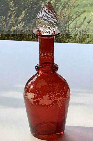 Antique Bohemiam Glass Ruby Red Cut To Clear Grape Vine Cologne Decanter Bottle