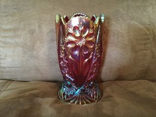 Vintage Red Carnival Glass Vase Ruby Iridescent 6 - 1/2 " Tall