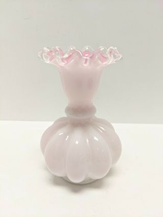 Vtg Fenton Silver Crest Peach Blow Melon Vase Ruffled Edge Milk Glass Pink 5 "