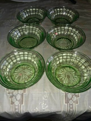 Set Of 6 Vintage Green Depression Glass Block Berry Bowls