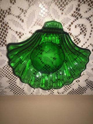 Vintage Anchor Hocking Forest Emerald Green Glass Sea Shell Dish Plate