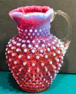 Fenton Cranberry Ruby Opalescent Hobnail 6” Jug Pitcher Vase
