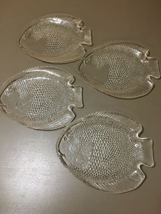 Set Of 4 Arcoroc France Clear Glass Fish Plates 10 X 8 " Salad Or Lunch
