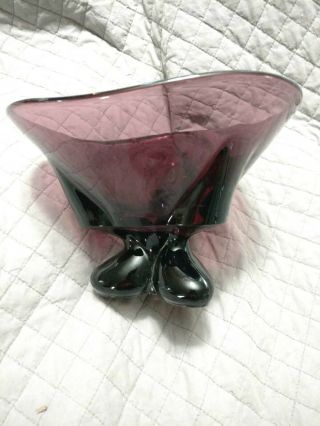Vintage Viking Art Glass Purple Amethyst Bowl Three Footed Mid Century