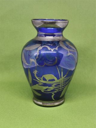 Vintage Cobalt Blue With Silver Overlay Vase