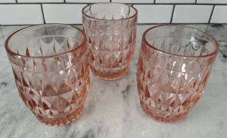 Vintage 3 Jeanette Glass Windsor Diamond Pink Tumbler Glasses 3 3/4 " Tall