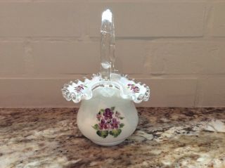 Vintage Fenton Glass Violets In The Snow Handpainted Basket 6.  5” Silvercrest