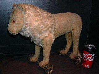 Rare Antique Early Old Steiff Lion On Wheels,  W/ Steiff Button 17 " Long