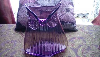 Large Purple Hand Blown Art Glass Owl Vase.  10 Inches Tall.