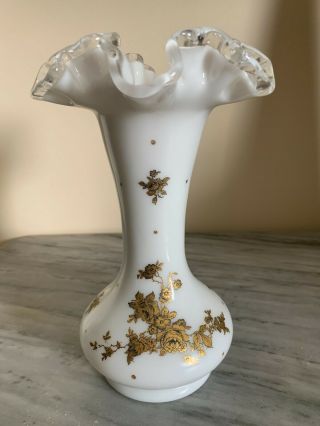Milk Glass Silvercrest Vase With Ruffled Top And Gold Roses