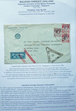 Malaya 20 Apr 1940 Wwii Airmail Cover From Singapore To York,  Usa - Censored