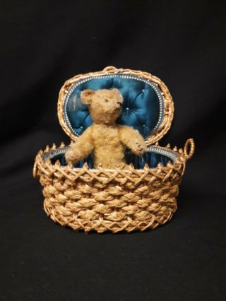Small Antique Steiff Teddy Bear In Silk Lined Basket