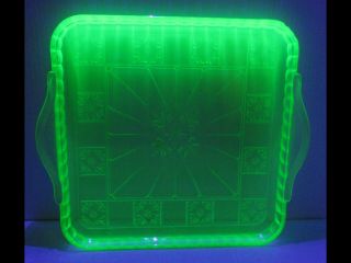 Vintage Vaseline Glass Green Depression Jeanette Doric & Pansy Square Platter
