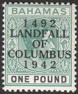 Bahamas 1942 Kgvi Columbus £1 Grey - Green And Black Sg175a Cat £30