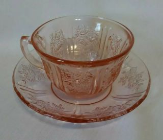 Vintage Pink Depression Glass Cabbage Rose Pattern Cup And Saucer Set