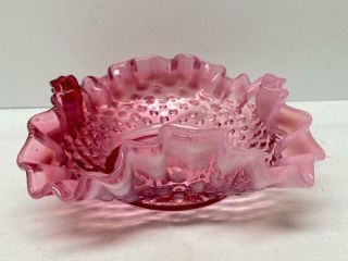 Small Vintage Fenton Cranberry Opalescent Hobnail Bowl Ruffled Edged