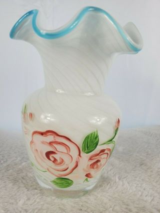 Vintage Fenton Glass Vase Aqua Crest White Swirl 6 " Hand Painted Beauty