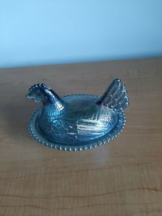 Vintage Indiana Glass Blue Iridescent Hen On Nest Covered Dish