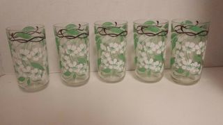 Vintage Drinking Glasses Set Of 5 Embossed Apple Blossom Mid Century Modern