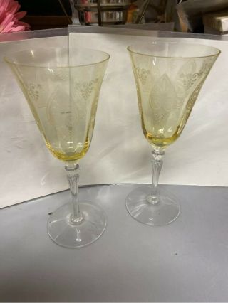 Rare Antique 2 Fostoria Yellow/amber Tall Wine Glasses - 8.  25 Inches Tall
