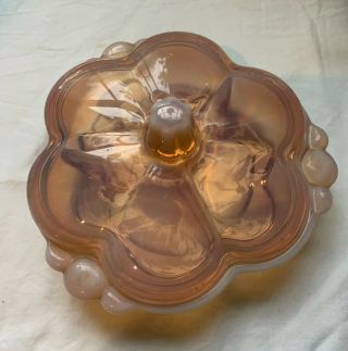 Vintage Glass Pink Opalescent Three Section Candy Dish With Lid Depression Era