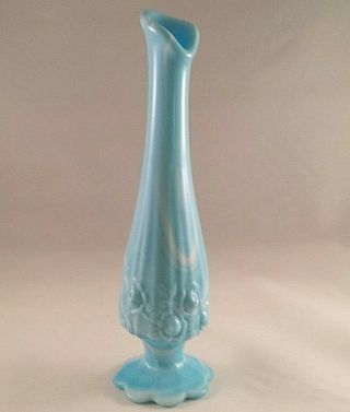 Vintage Fenton Art Glass Bud Vase Blue Stretch Swung White Swirls Cabbage Rose