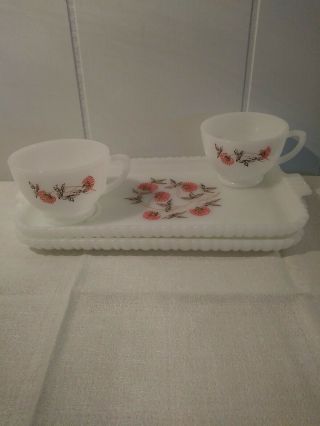 Vintage Fire King " Pink Fleurette " Snack Set In Milk Glass Set 2 Plates 2 Cups
