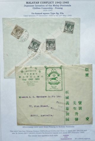 Malaya 29 Feb 1940 Censored Advertising Cover From Penang To Sydney,  Australia