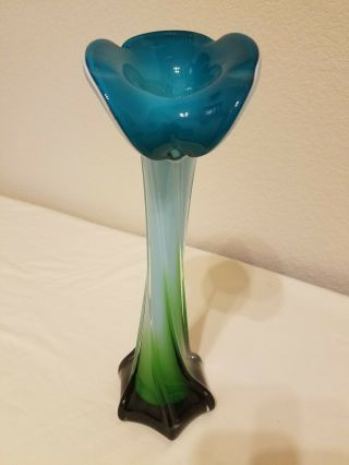 Murano Art Glass Jack In The Pulpit Twisted Ribbed Vase Aqua To Green 11 1/4 "