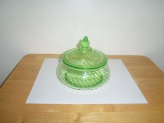 Vtg " Imperial Glass Vaseline Green Depression Twisted Optic Candy Dish W/ Lid "