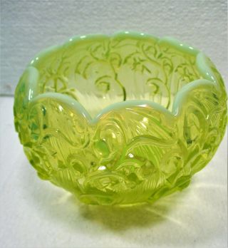 Fenton Glass Opalescent Vaseline Rose Bowl,  Lilly Of The Valley Pattern 1970 
