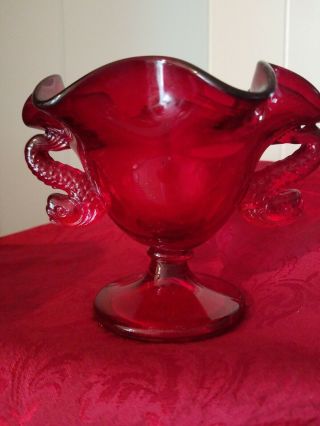 Fenton Ruby Red Double Handled Dolphin Footed Compte/candy Dish
