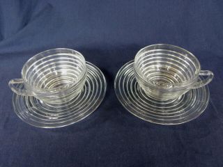 Set Of 2 Clear Depression Glass Anchor Hocking Manhattan Cups & Saucers Art Deco
