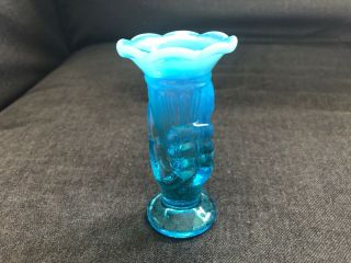 Vintage Fenton Blue Opalescent Miniature Hand Vase