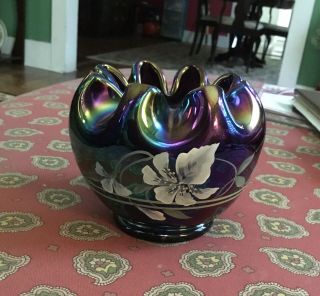 Fenton Amethyst Carnival Glass Hand Painted Ruffled Bowl