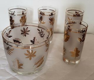 Set Of 4 Vintage Libbey Frosted Gold Leaf Glasses 5.  5 " Tall With Ice Bucket