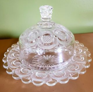 Vintage Cut Glass Round Dome Butter Cheese Dish Scalloped Edges