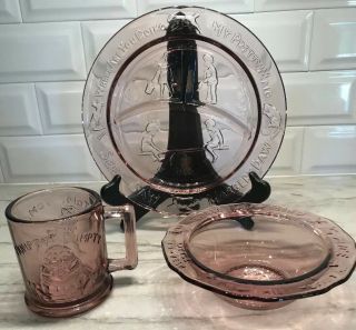 Mother Goose Pink Glass Plate Bowl & Cup Set Margery Daw Indiana Depression