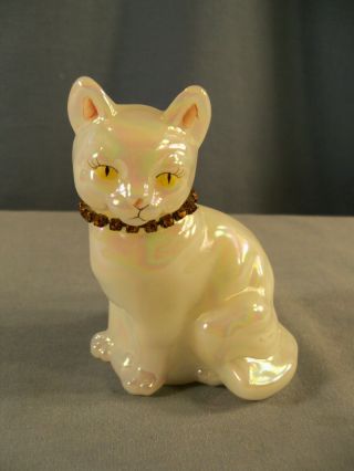 Fenton Hand Painted White Carnival Glass Cat Figurine W/ Orange Jeweled Necklace