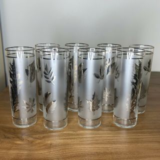 Vintage Mcm Libbey Glass Co 8 Silver Leaf Frosted Tall Hi - Ball Glasses @ 12 Oz