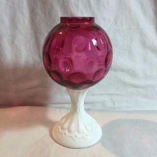 Vintage 1940s Fenton Ivy Rose Ball Vase Cranberry Glass Coin Dot Milk Glass Base